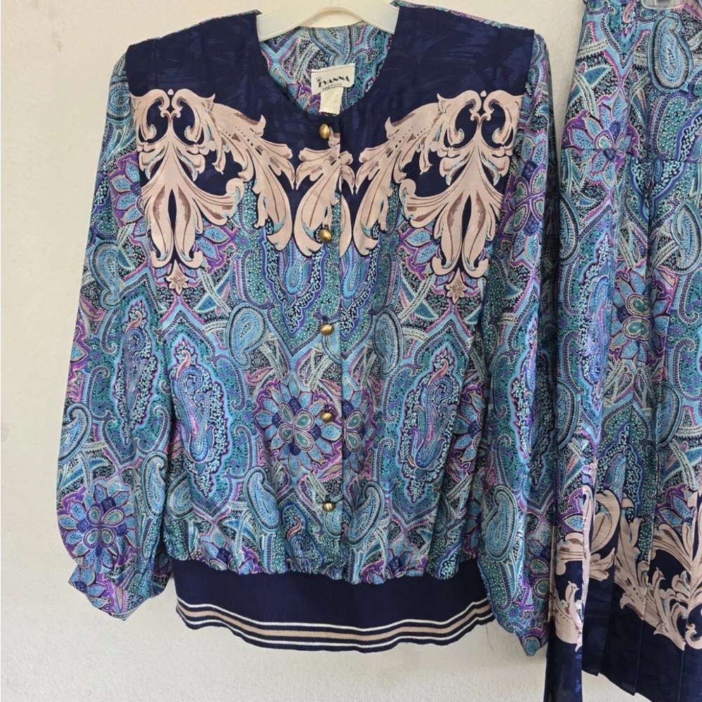 VTG Evanna 2Piece Skirt Suit 14 Paisely Blue Pink Long Sleeve  Button Up Career - Picture 6 of 16